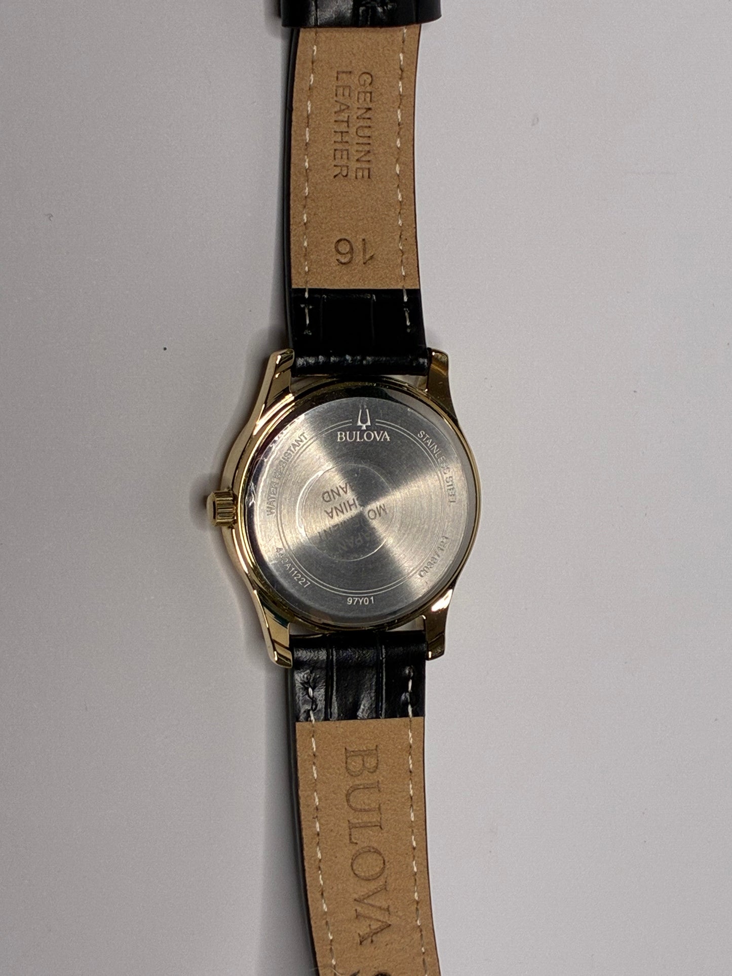 Bulova Diamond Accent Corporate Collection Women's Watch New in Original Box Gold-Tone Sunray Dial Black Leather Straps