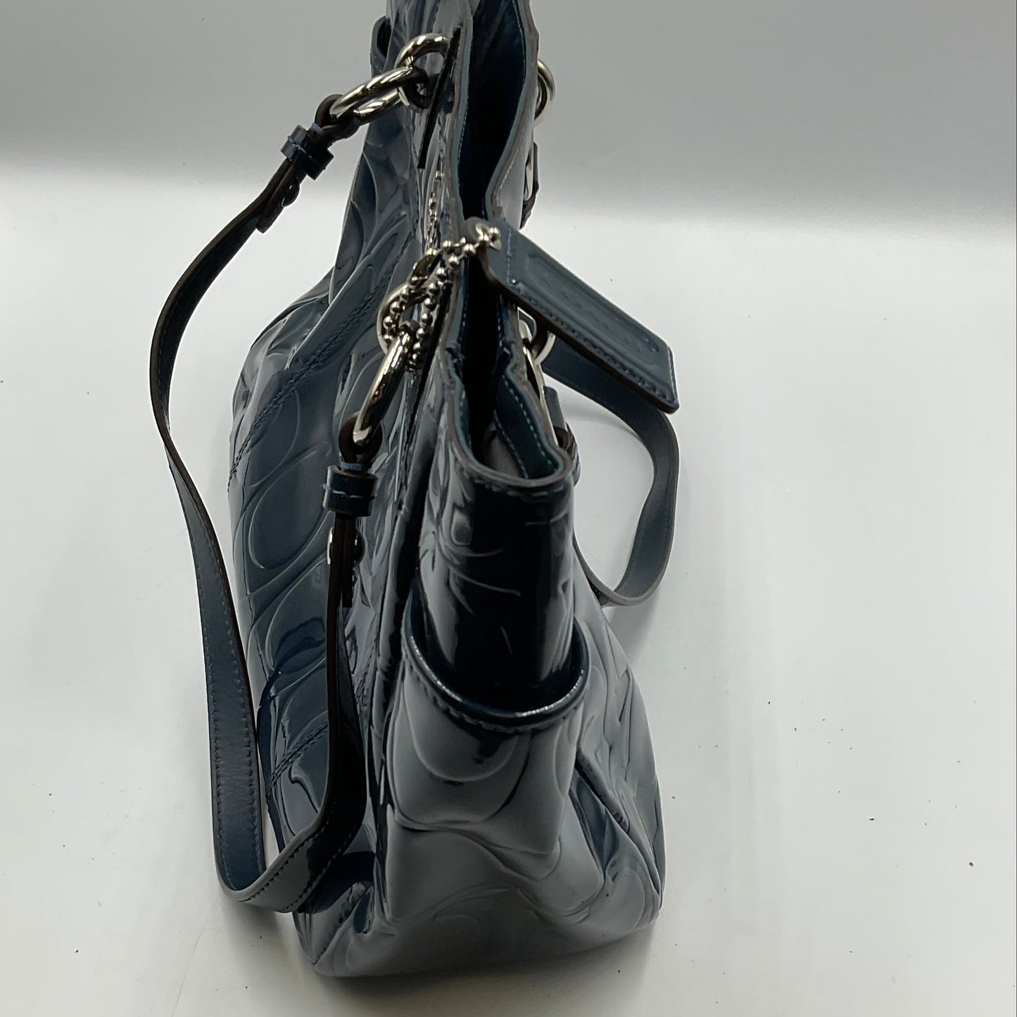 Coach Dark Teal Patent Leather Tote Silvertone Hardware Accents