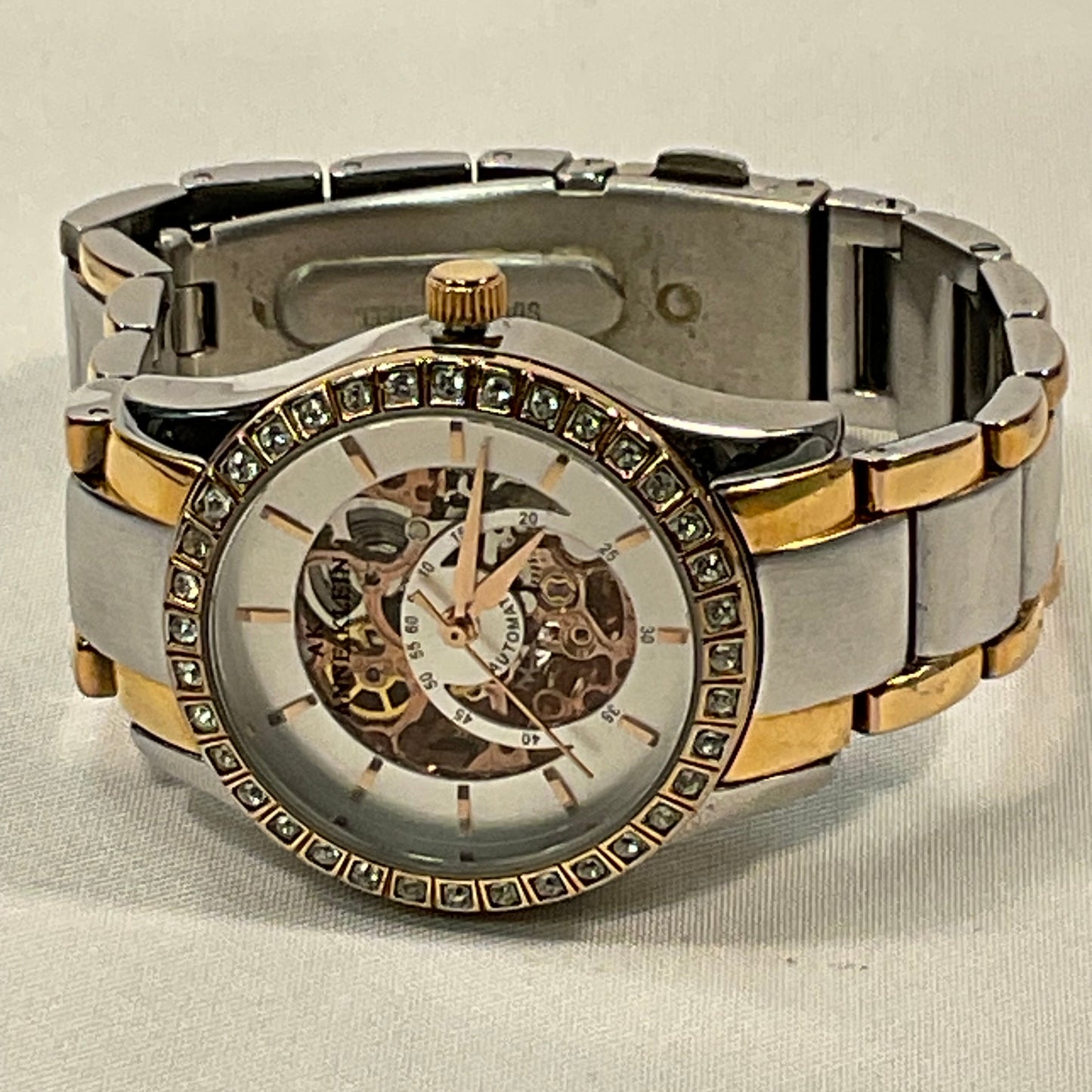 Anne Klein Jeweled Two-Tone Skeleton Casing Stainless Steel Automatic Women's Watch Pre-Owned New Battery Working Condition
