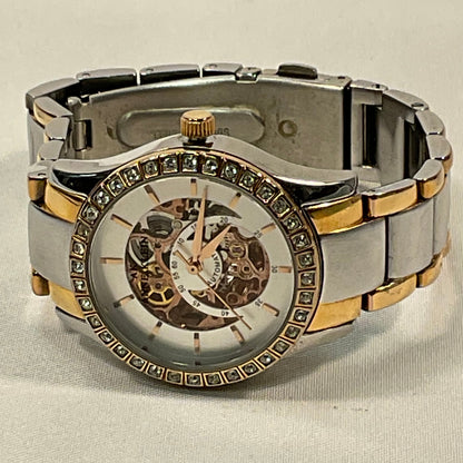 Anne Klein Jeweled Two-Tone Skeleton Casing Stainless Steel Automatic Women's Watch Pre-Owned New Battery Working Condition