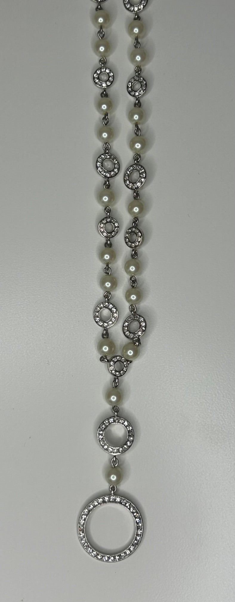 Carolee Faux Pearl Silver Tone Clear Rhinestone Circle Stations Chain Necklace 17.5"
