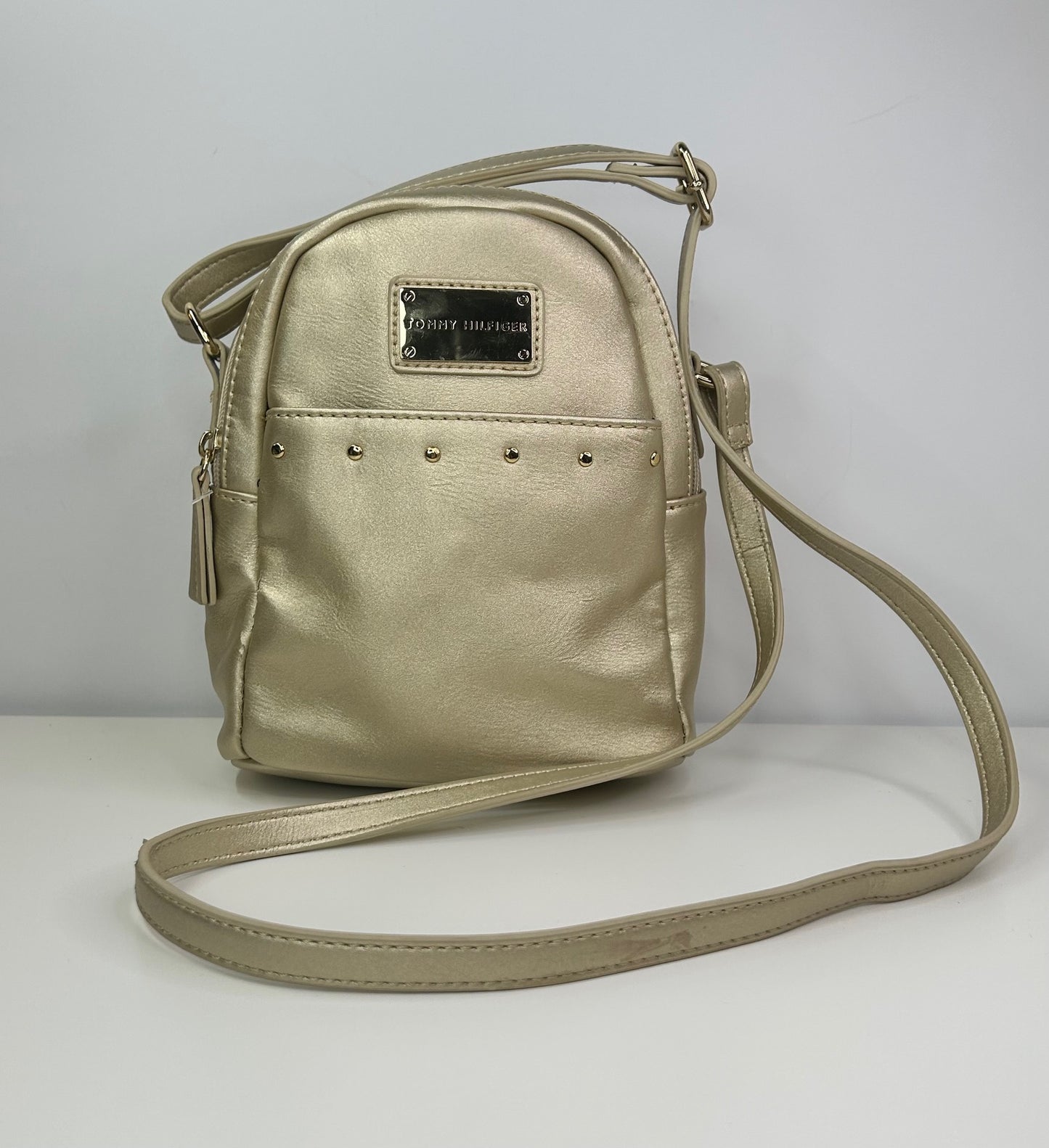 Tommy Hilfiger Gold Crossbody Mini Backpack Style Bag Handbag Purse