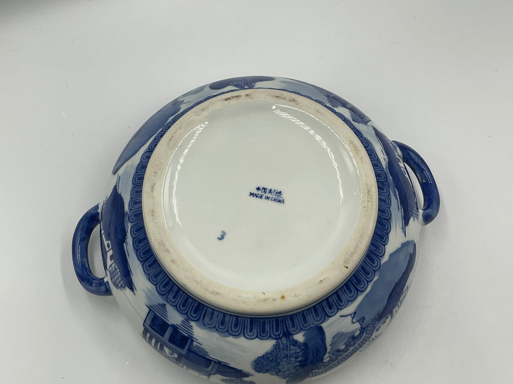 Blue and White Porcelain Lidded Soup Tureen Butterfly Handle Chinoiserie