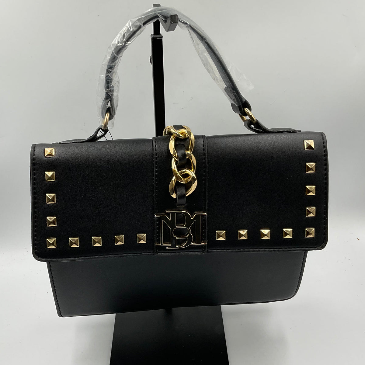 Badgley Mischka Monogram Black Studded Satchel Handbag Goldtone Hardware New with Tags NWT