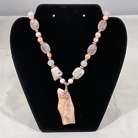 Pink and Lavender Stone Beaded Necklace Silvertone T-Clasp Enclosure