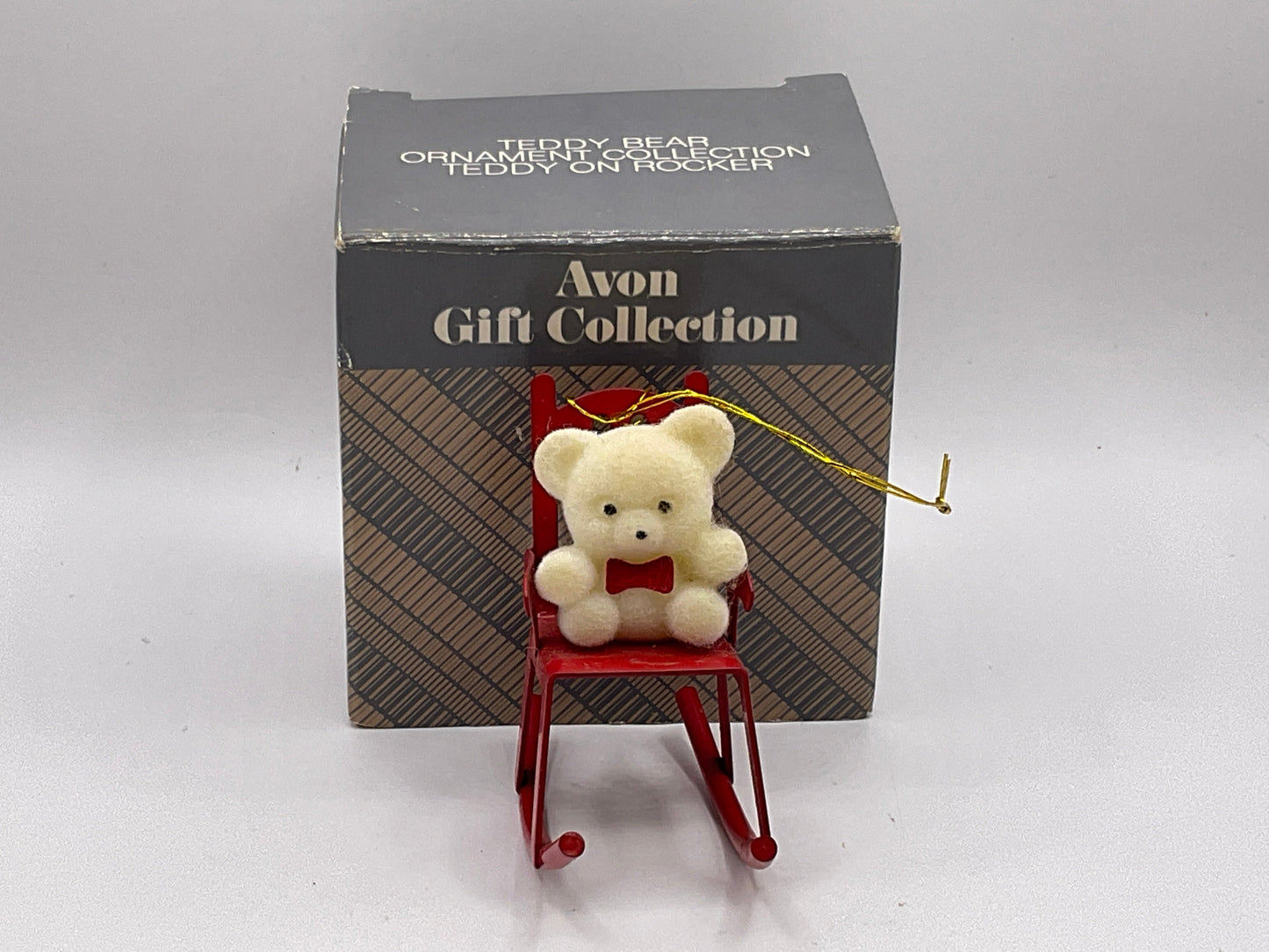 Avon Gift Collection Vintage 1980s Teddy Bear on Rocker Christmas Holiday Ornament Original Box
