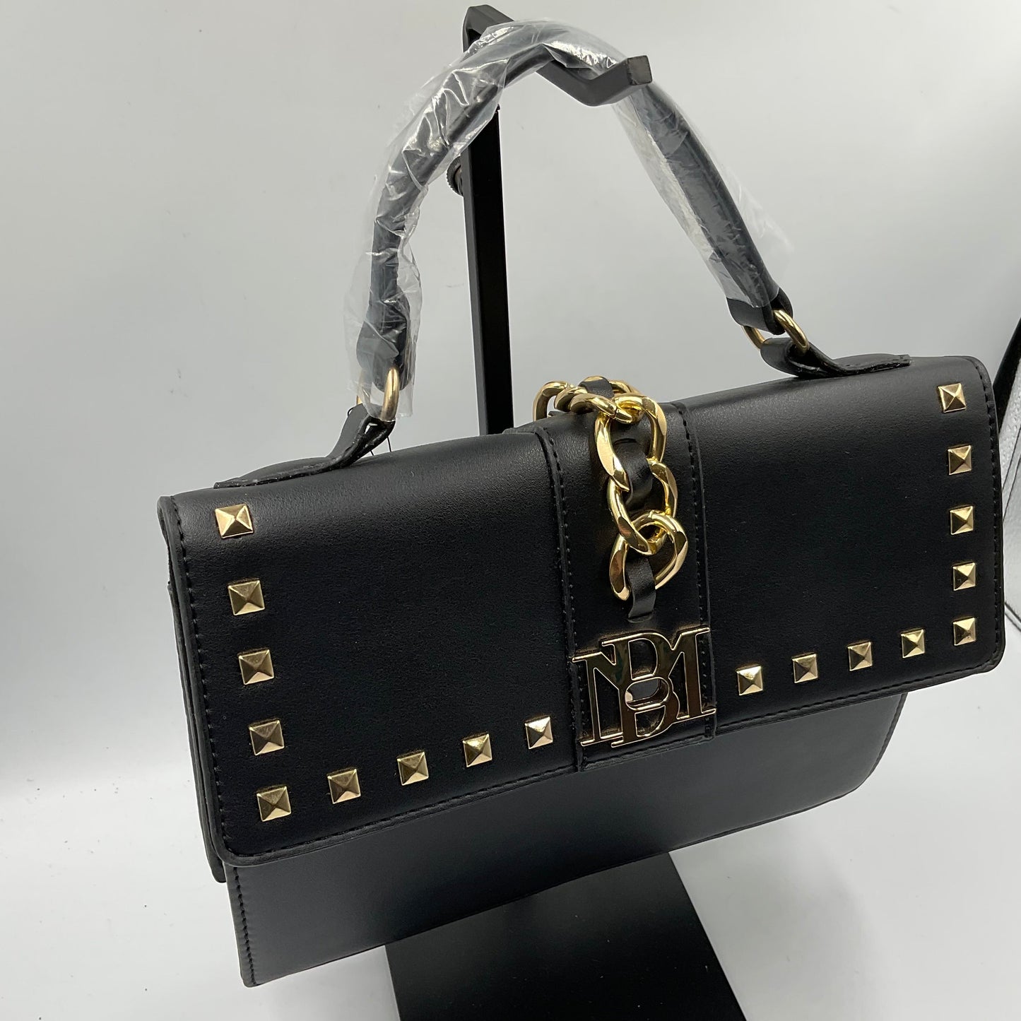 Badgley Mischka Monogram Black Studded Satchel Handbag Goldtone Hardware New with Tags NWT