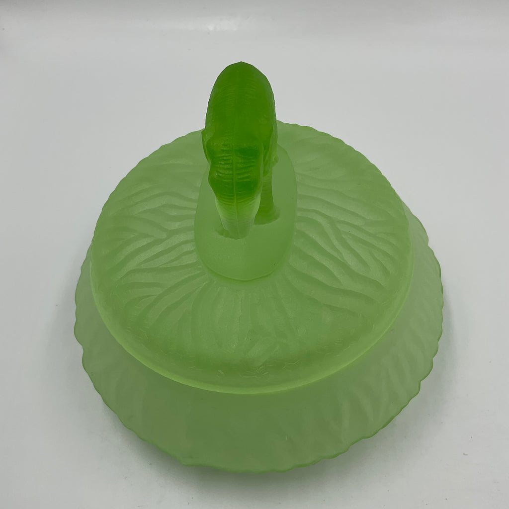 Elephant Powder Jar L.E Smith Frosted Green Uranium Glass