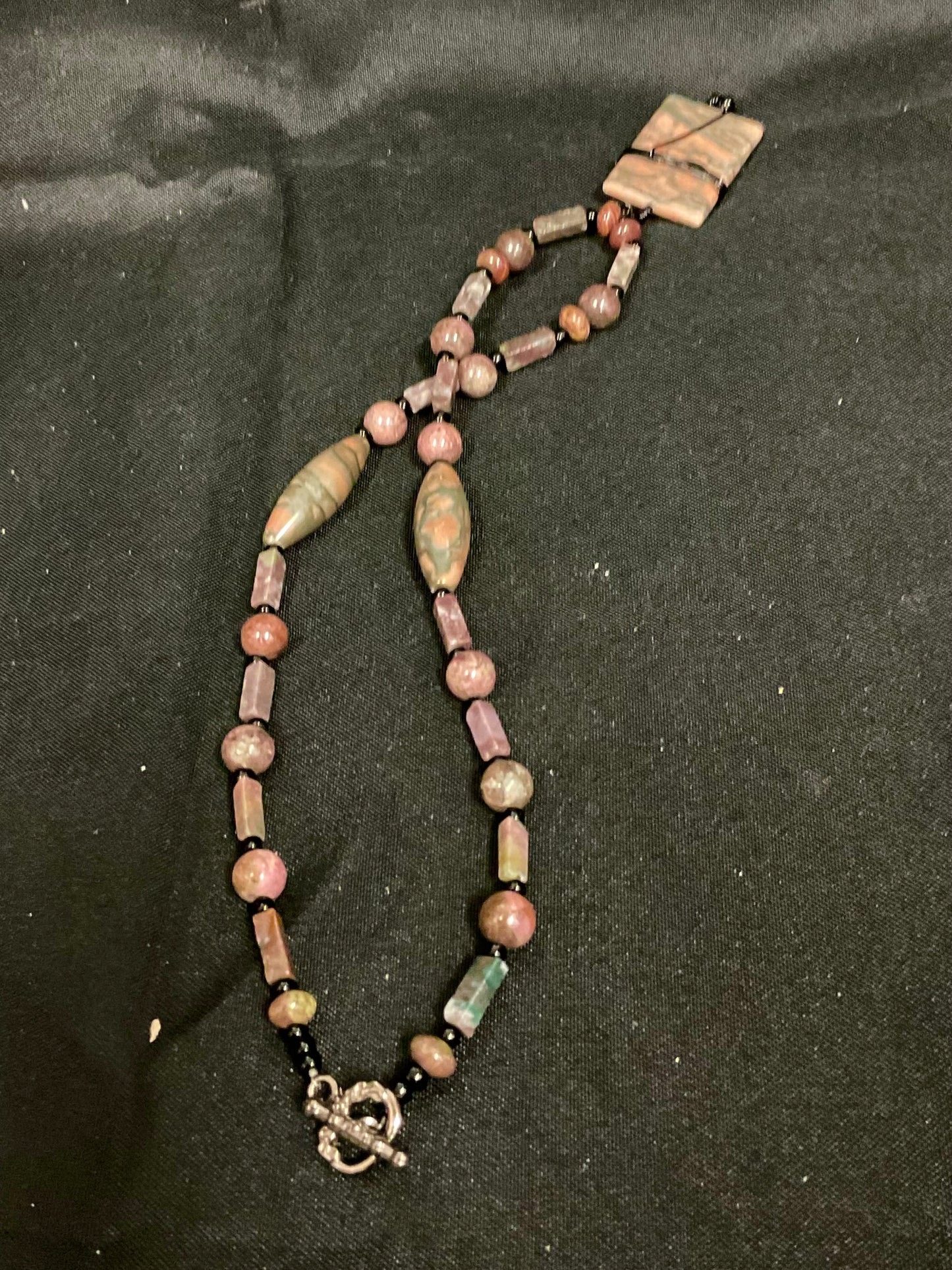 Beaded Necklace with Wired Rectangular Stone Pendant