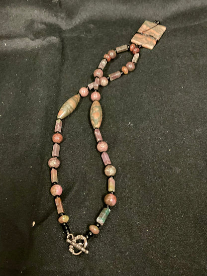 Beaded Necklace with Wired Rectangular Stone Pendant