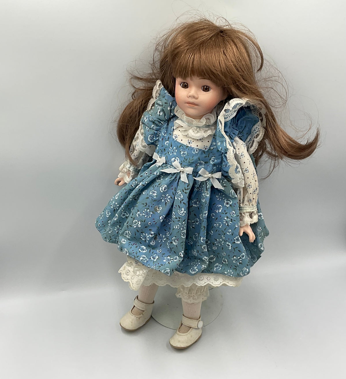 Vintage Porcelain Girl Doll Brown Hair Blue Foral Lace Dress Collectible