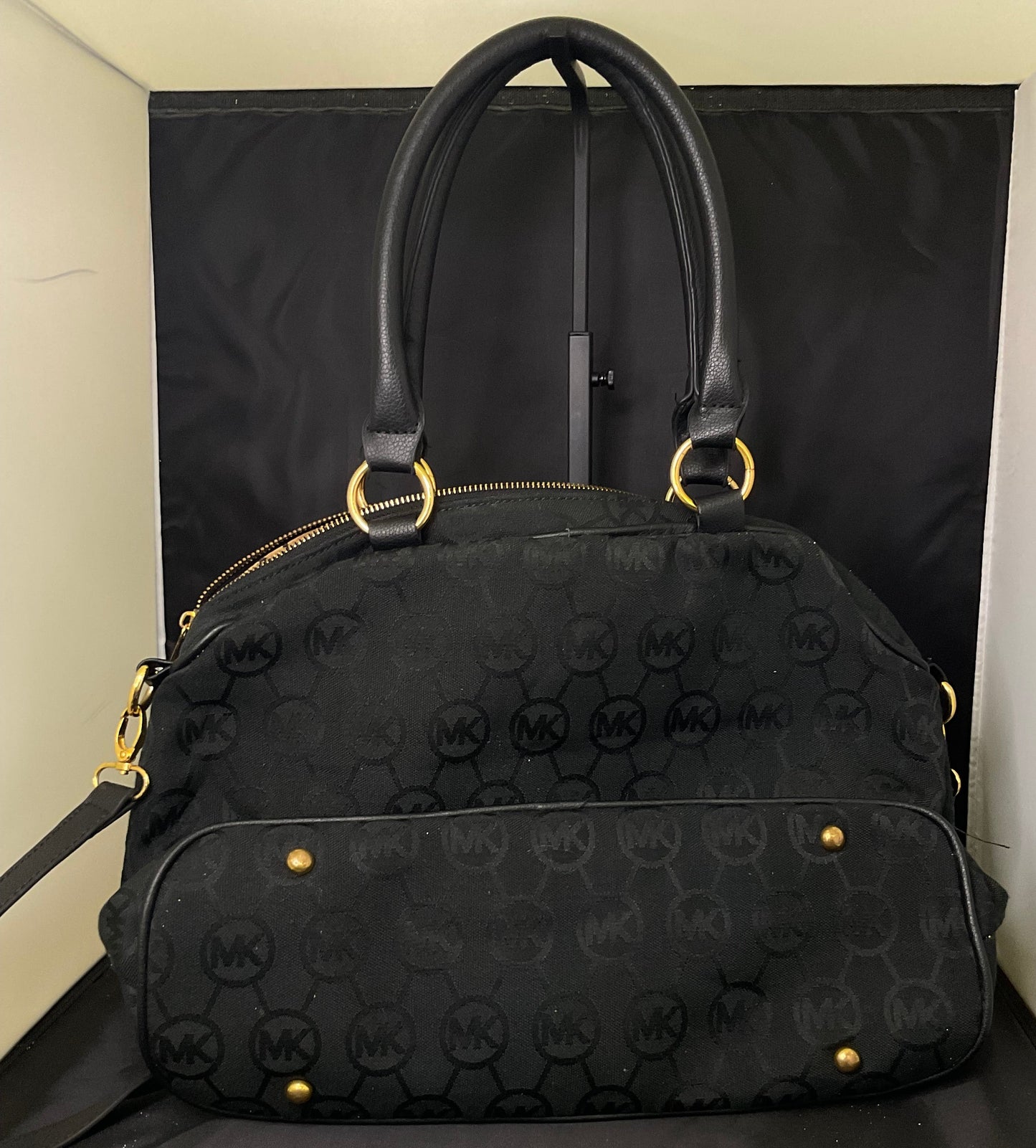 Michael Kors Jet Set Black Monogram Satchel Goldtone Hardware