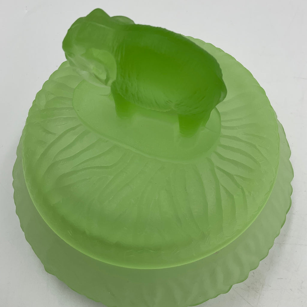 Elephant Powder Jar L.E Smith Frosted Green Uranium Glass
