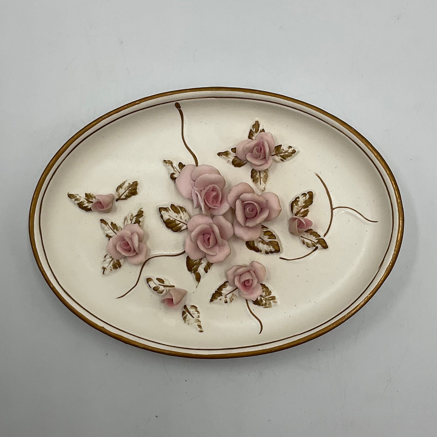 Vintage Lefton Japan Procelain Oval Wall Plaque Pink Roses and Leaves