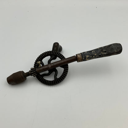 Vintage Hand-Crank Drill Cast Iron Frame Wooden Handle