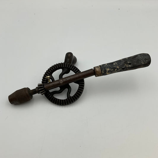 Vintage Hand-Crank Drill Cast Iron Frame Wooden Handle