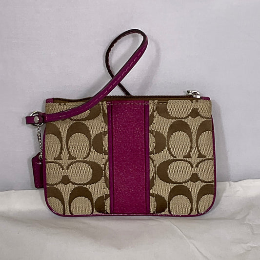 Coach Purple Fuchsia Stripe Classic Tan Leather Wristlet Wallet 6"x4" Excellent Condition