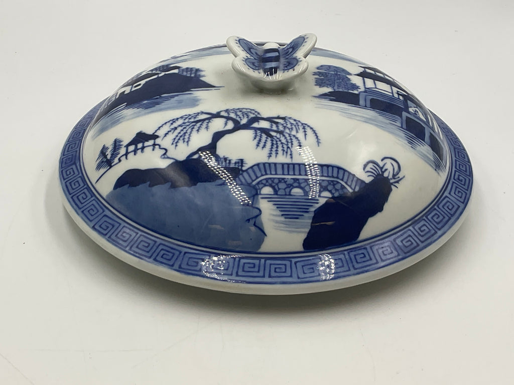 Blue and White Porcelain Lidded Soup Tureen Butterfly Handle Chinoiserie