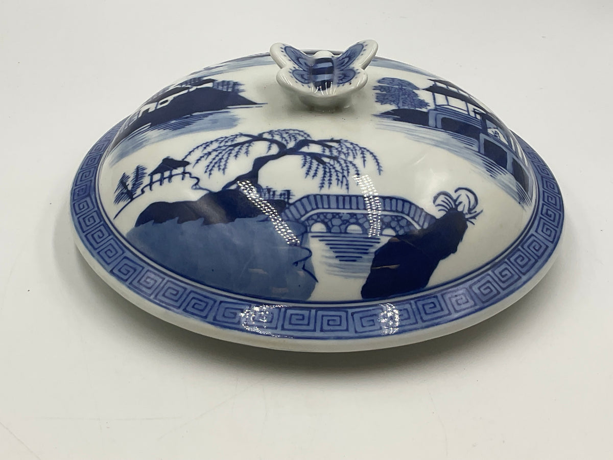 Blue and White Porcelain Lidded Soup Tureen Butterfly Handle Chinoiserie