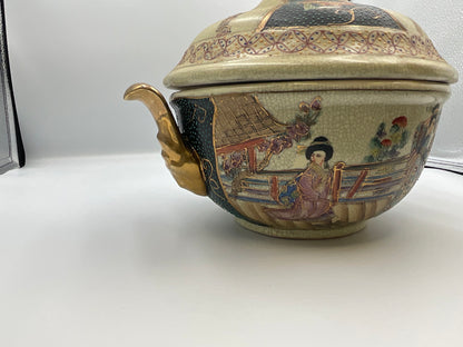 vintage Japanese Satsuma style earthenware covered tureen or casserole dish