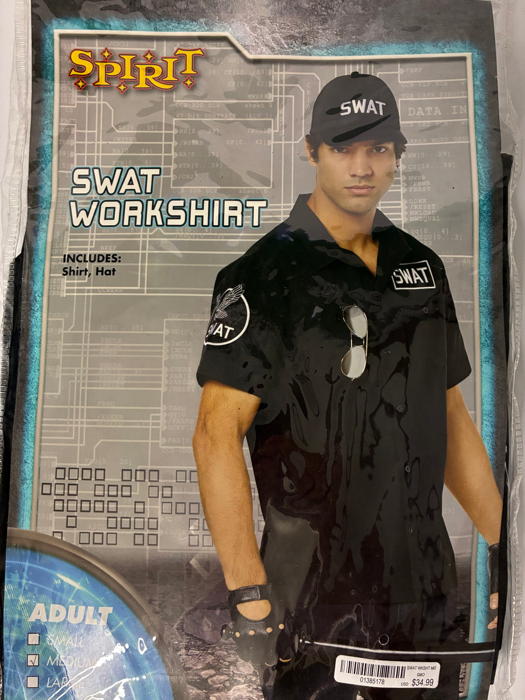Spirit Halloween Men's SWAT Workshirt and Hat Costume Kit Size Adult Medium Brand New