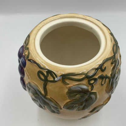 Meritage Ceramic Grape Vine Covered Canister Jar Raised Fruit Design