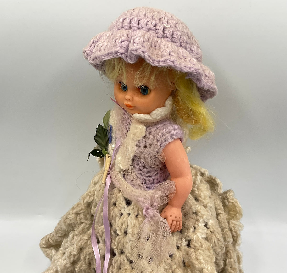 Vintage Doll Lavender Hand Crochet Victorian Dress Hat Handmade Outfit