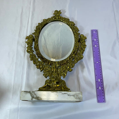 Brass and Marble Vintage Cherub Vanity Mirror 16 Inches x 10 Inches