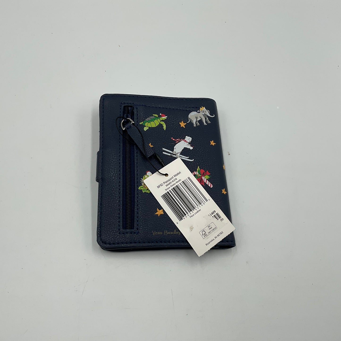 New with Tag Vera Bradley Passport Wallet Blue with Animals and Candy Canes