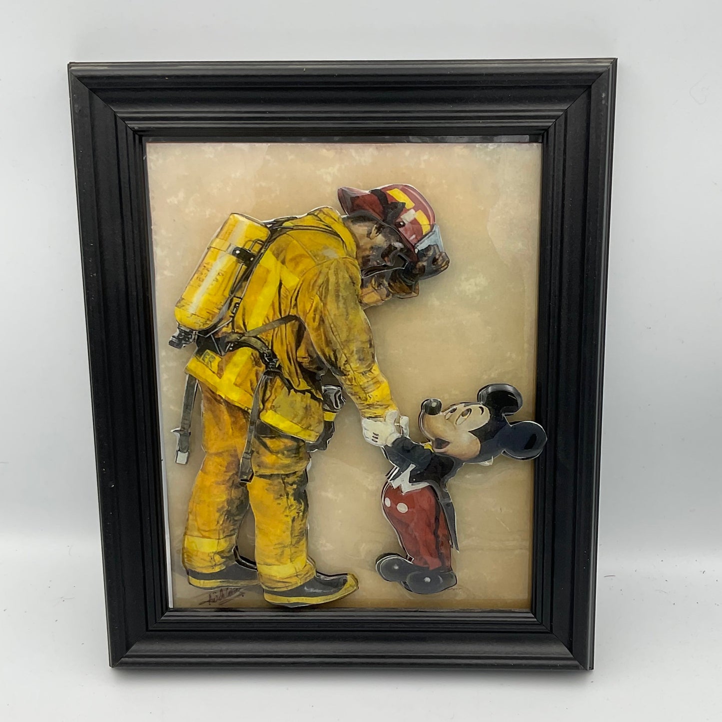 Disney Tribute to Firefighters Shaking Hands with Mickey Mouse Framed 3D Art