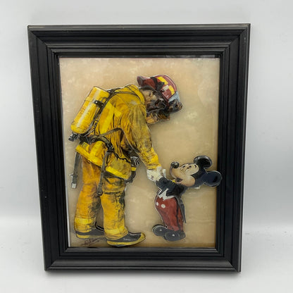 Disney Tribute to Firefighters Shaking Hands with Mickey Mouse Framed 3D Art