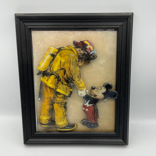 Disney Tribute to Firefighters Shaking Hands with Mickey Mouse Framed 3D Art