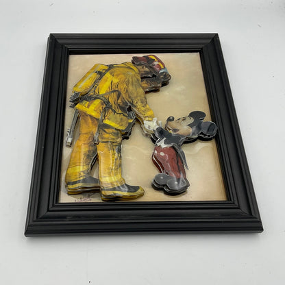 Disney Tribute to Firefighters Shaking Hands with Mickey Mouse Framed 3D Art