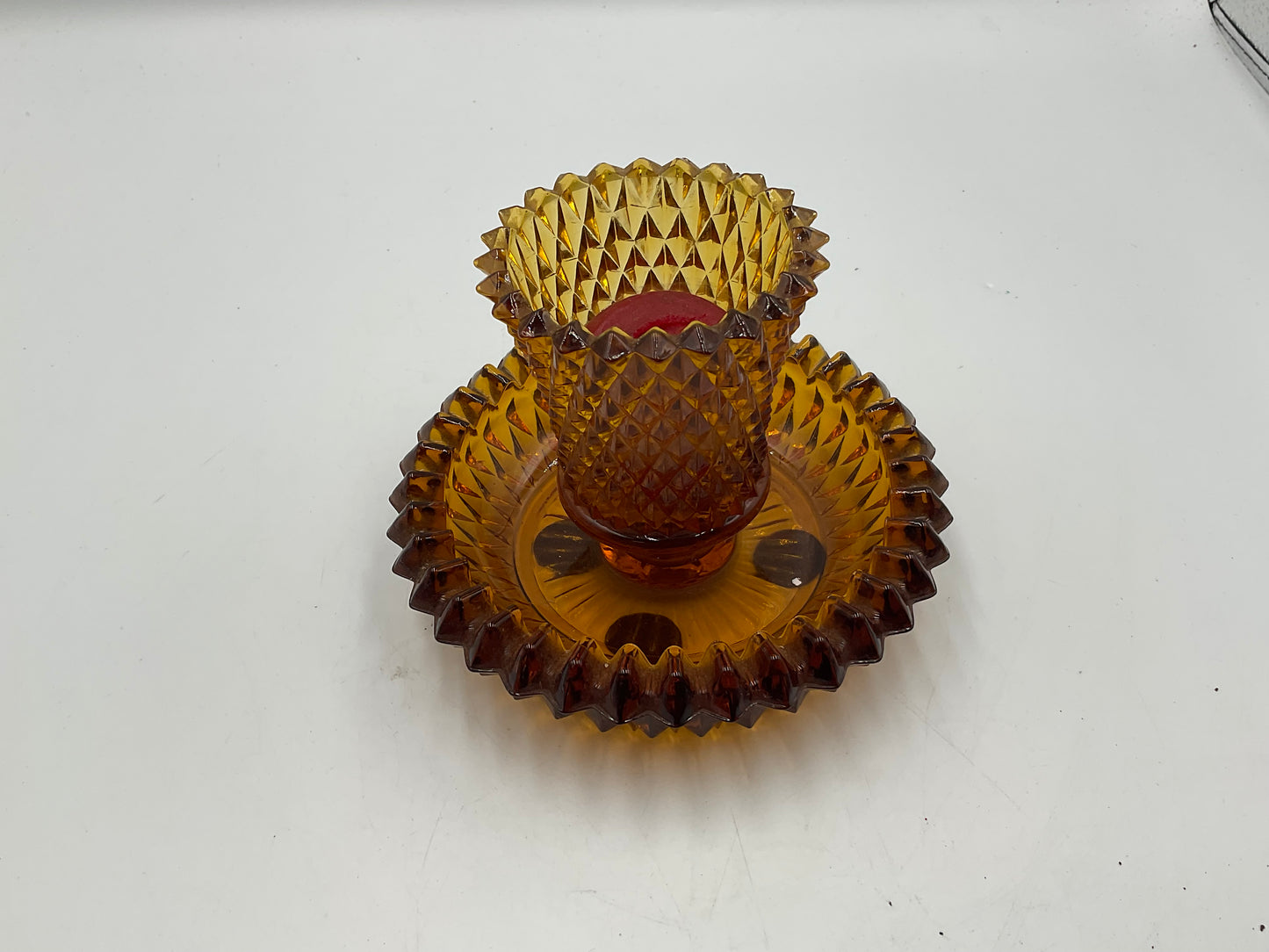 Set of 2 Vintage Diamond Cut Amber Glass Candle Holders