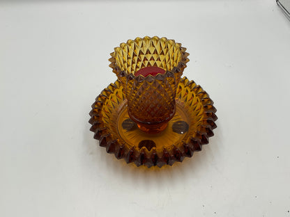 Set of 2 Vintage Diamond Cut Amber Glass Candle Holders
