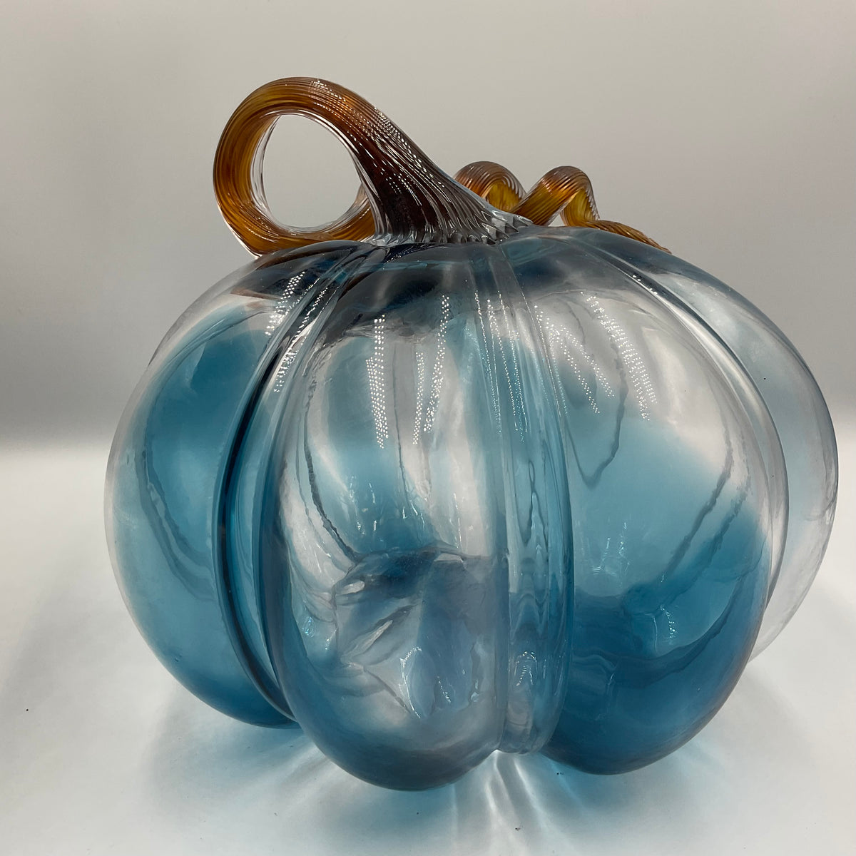 Glass Pumpkin Hand-Blown Blue Brown Stem