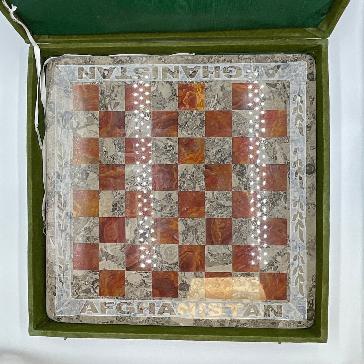 Afghan Vintage Marble Chess Set Complete 32 Pieces Green Case