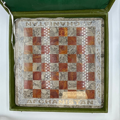 Afghan Vintage Marble Chess Set Complete 32 Pieces Green Case