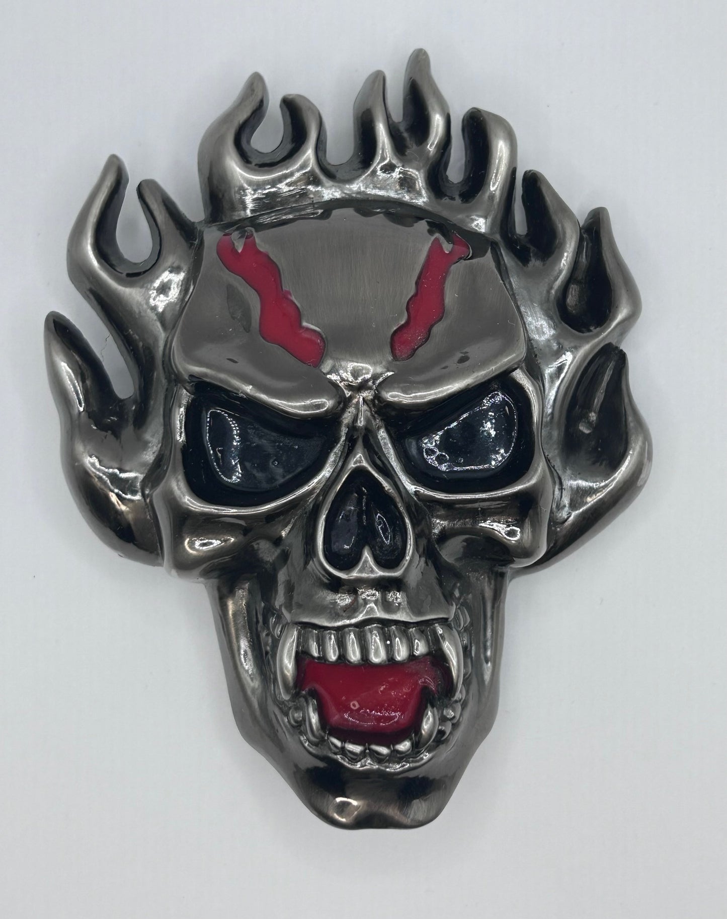 Flaming Skull Belt Buckle with Secret Compartment Red and Gun Metal Finished Halloween Party Costume