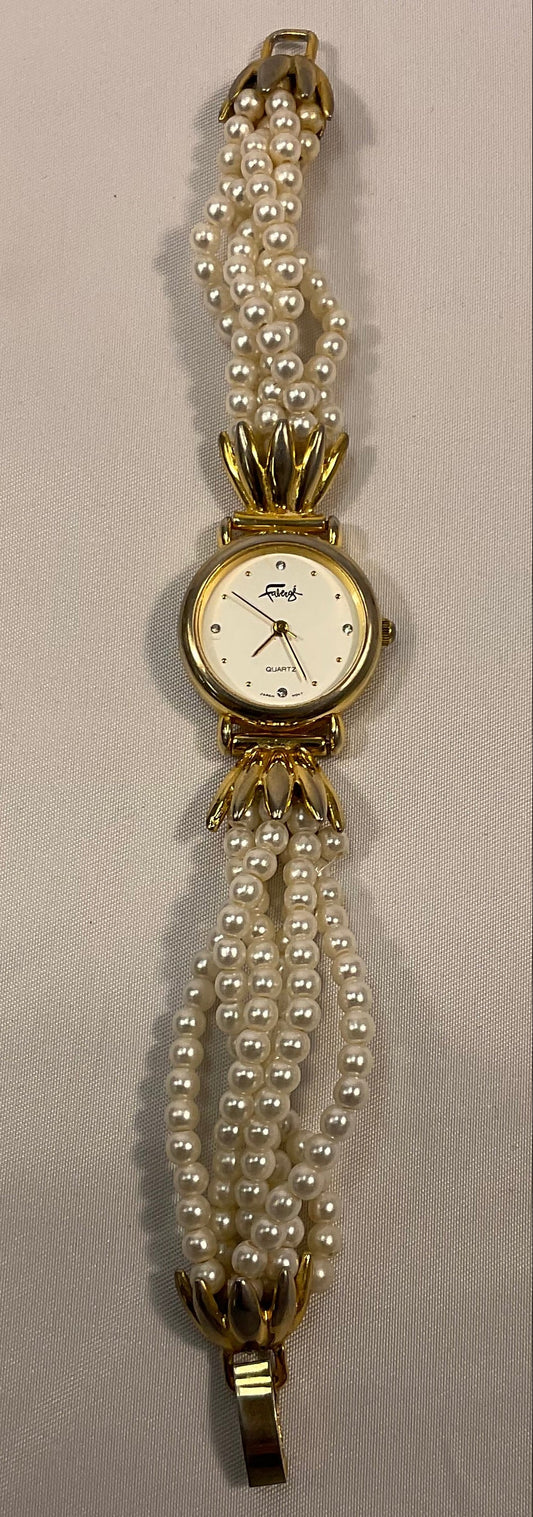Faberge Quartz Gold Tone and Pearl Style Elegant Woman's Watch Working New Battery