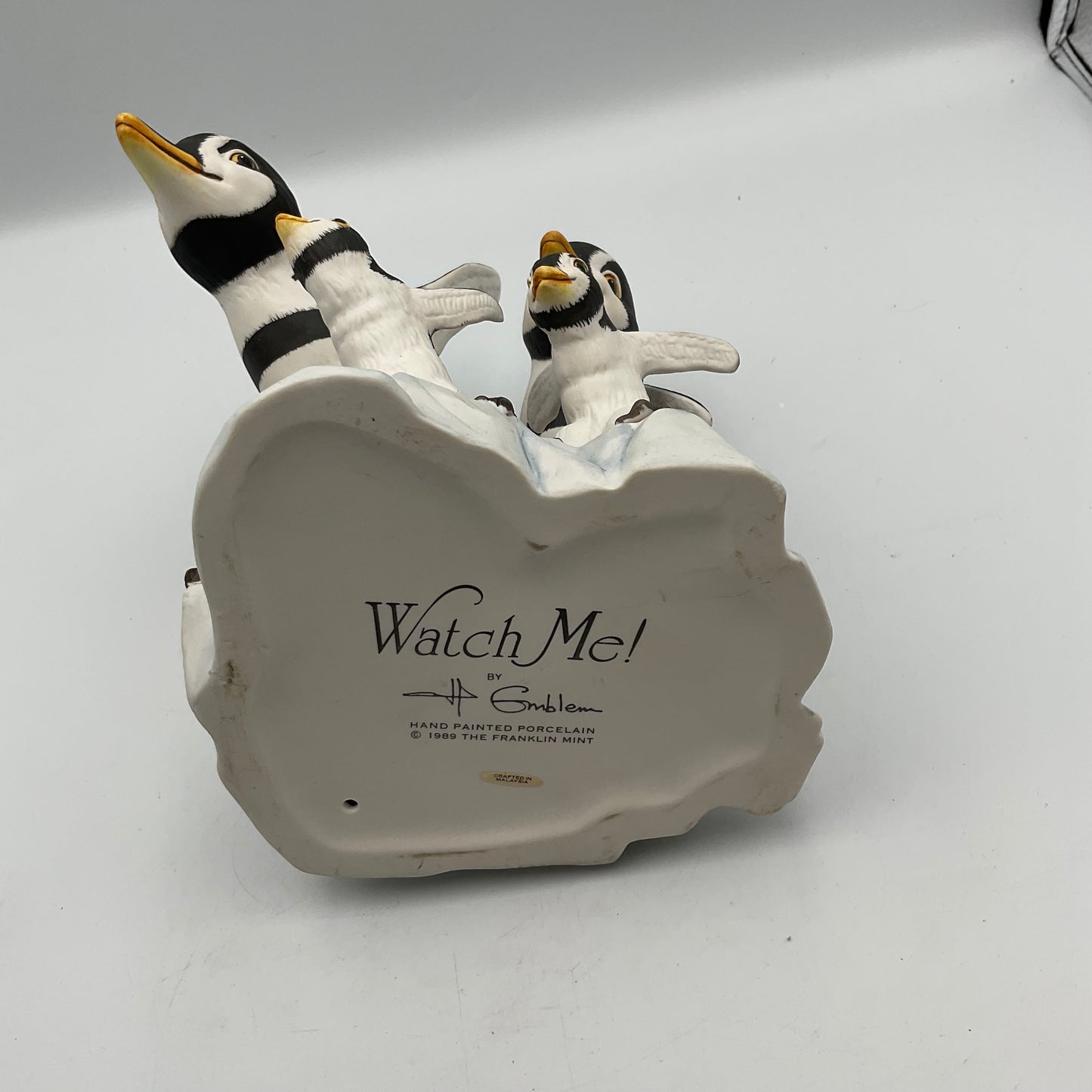 "Watch Me" Vintage 1989 Franklin Mint Hand Painted Porcelain Penguins