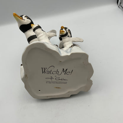 "Watch Me" Vintage 1989 Franklin Mint Hand Painted Porcelain Penguins