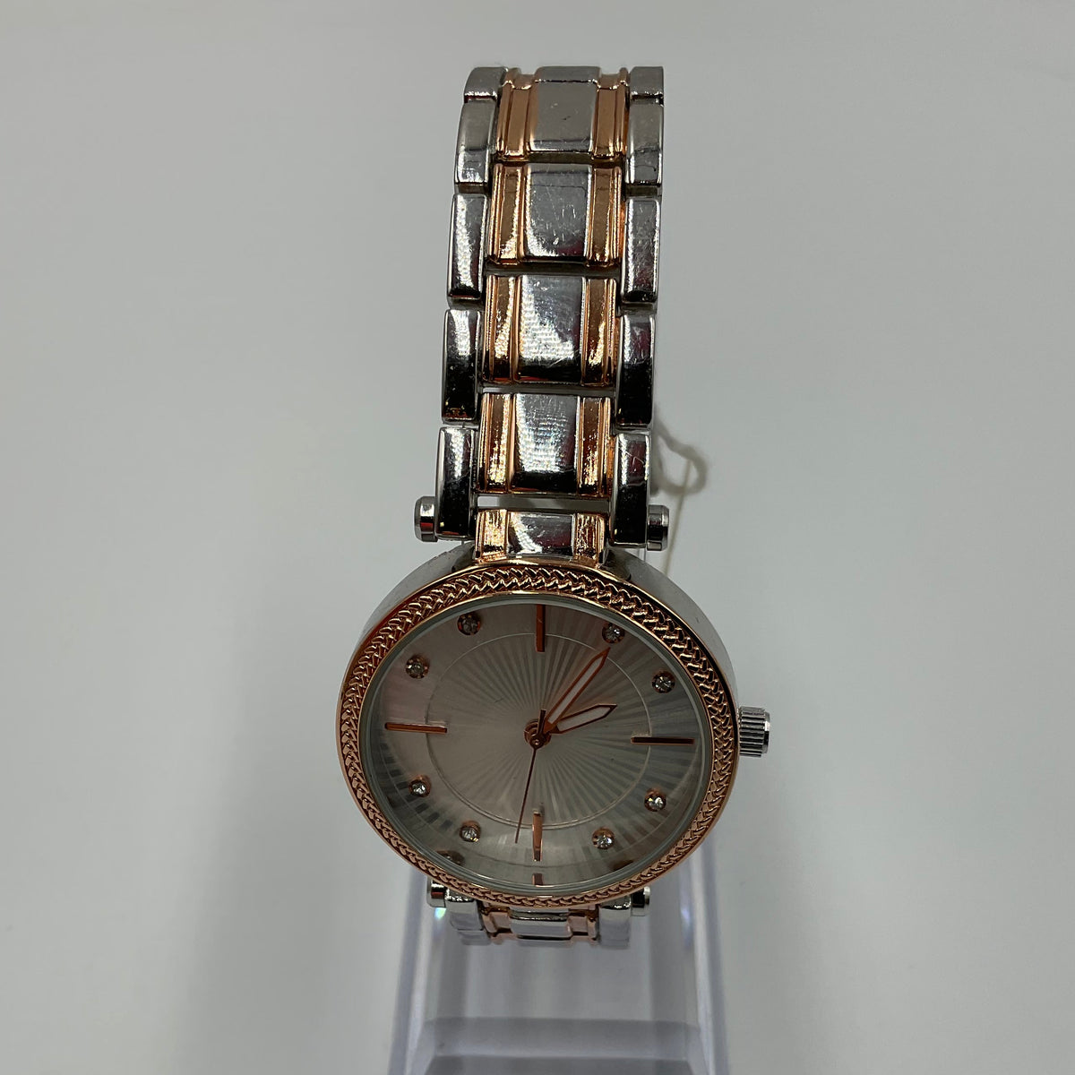 Rose Gold Two Tone Silver Face Women's Watch New Battery Working