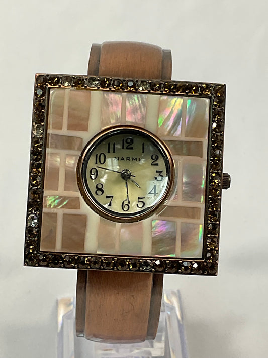 Narmi Rose Gold Mother of Pearl Square Tile Pattern Women's Hinged Bracelet Style Watch