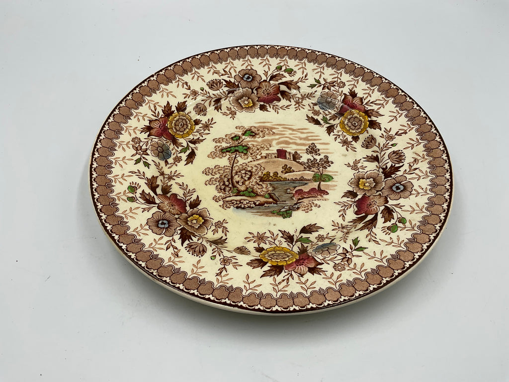Vintage Ridgeway Windsor England Transferware Dinner Plate Floral Scenic Brown