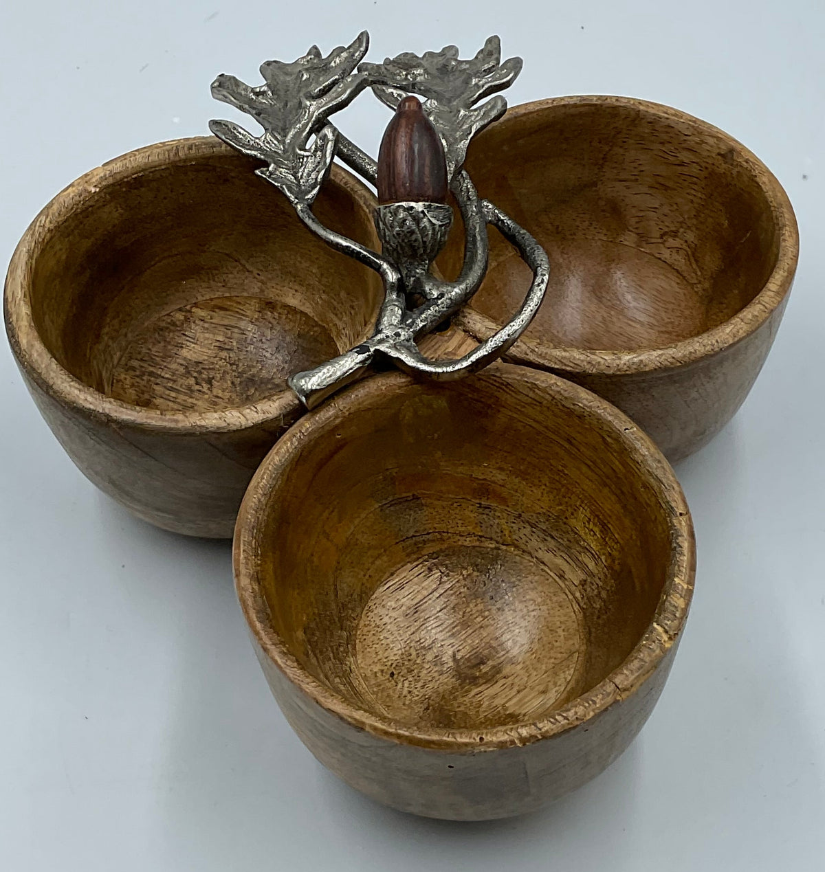 Mud Pie Mango Wood 3 Bowl Acorn Oak Leaf Nut Condiment Serving Set