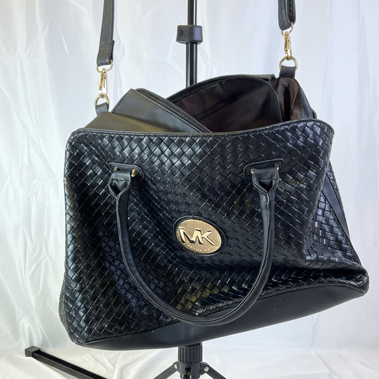 Michael Kors Large Black Leather Cross Weave Satchel Tote Handbag