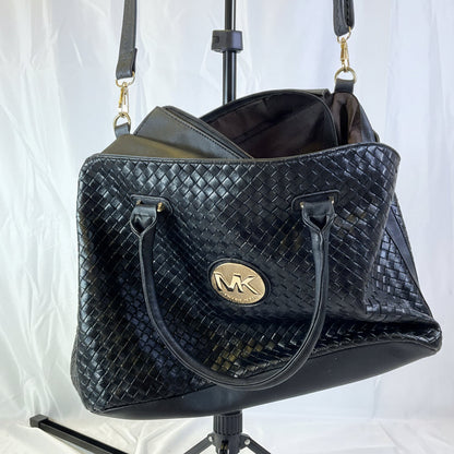 Michael Kors Large Black Leather Cross Weave Satchel Tote Handbag