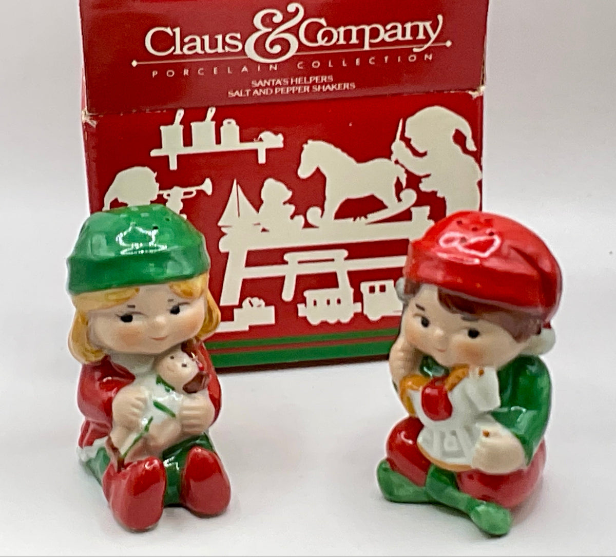 Claus & Company Porcelain Collection Santa's Helpers Salt Pepper Shakers Vintage Christmas Holiday Decor with Original Box