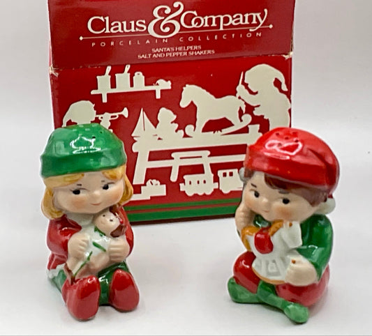 Claus & Company Porcelain Collection Santa's Helpers Salt Pepper Shakers Vintage Christmas Holiday Decor with Original Box